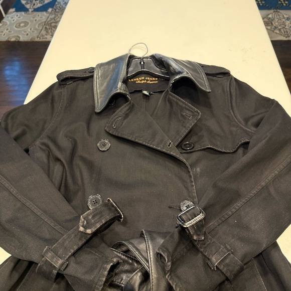 RALPH LAUREN Womens Black Denim Trench Coat Jacket Leather Collar Vtg Sz M - Picture 10 of 12